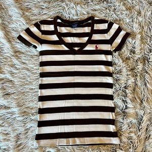 Polo Ralph Lauren Sport V Neck T Shirt Brown and White Stripe